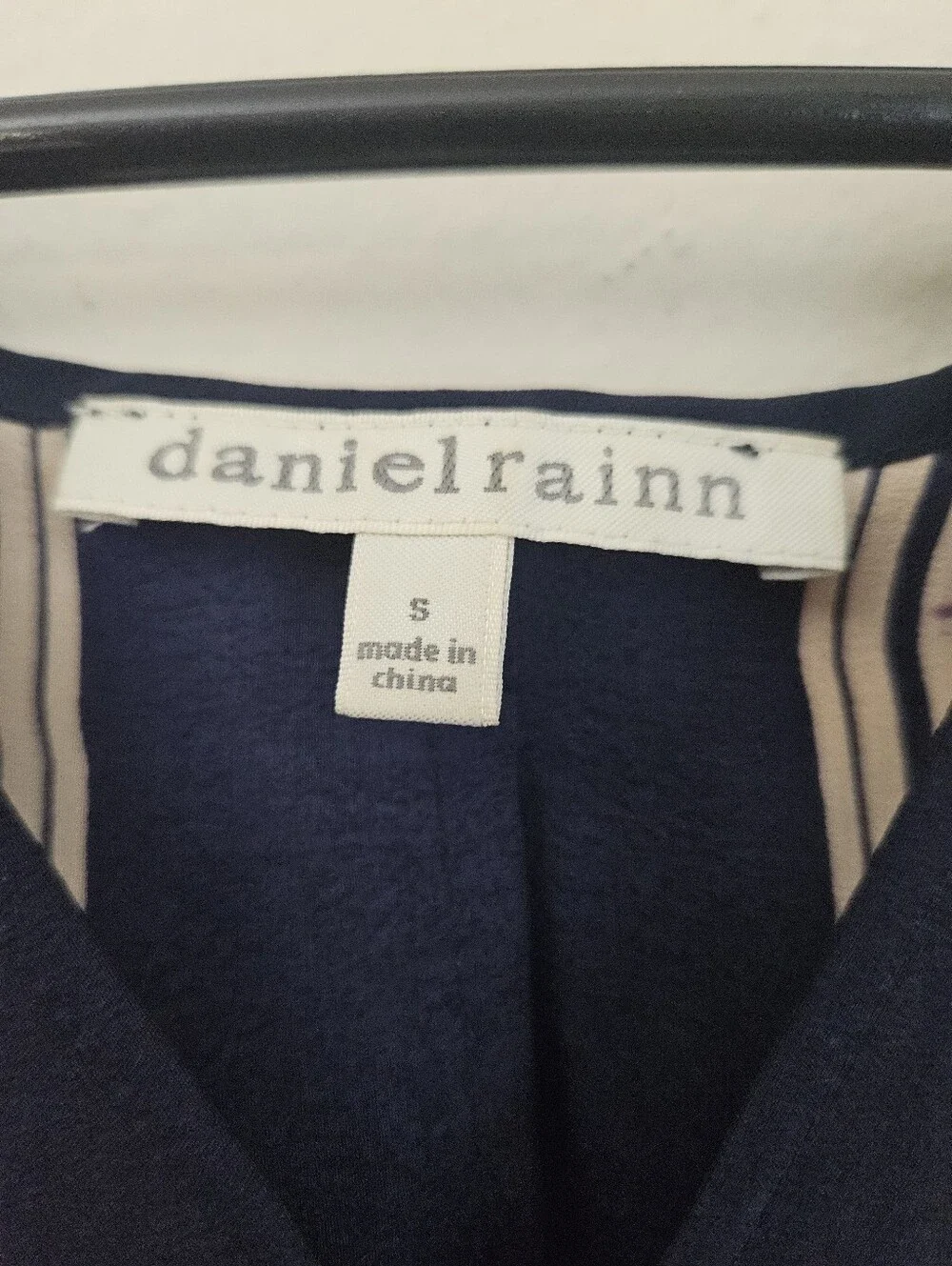 100 % Silk Daniel Rainn Navy, Cream and Purple V-Neck Patterned Tunic